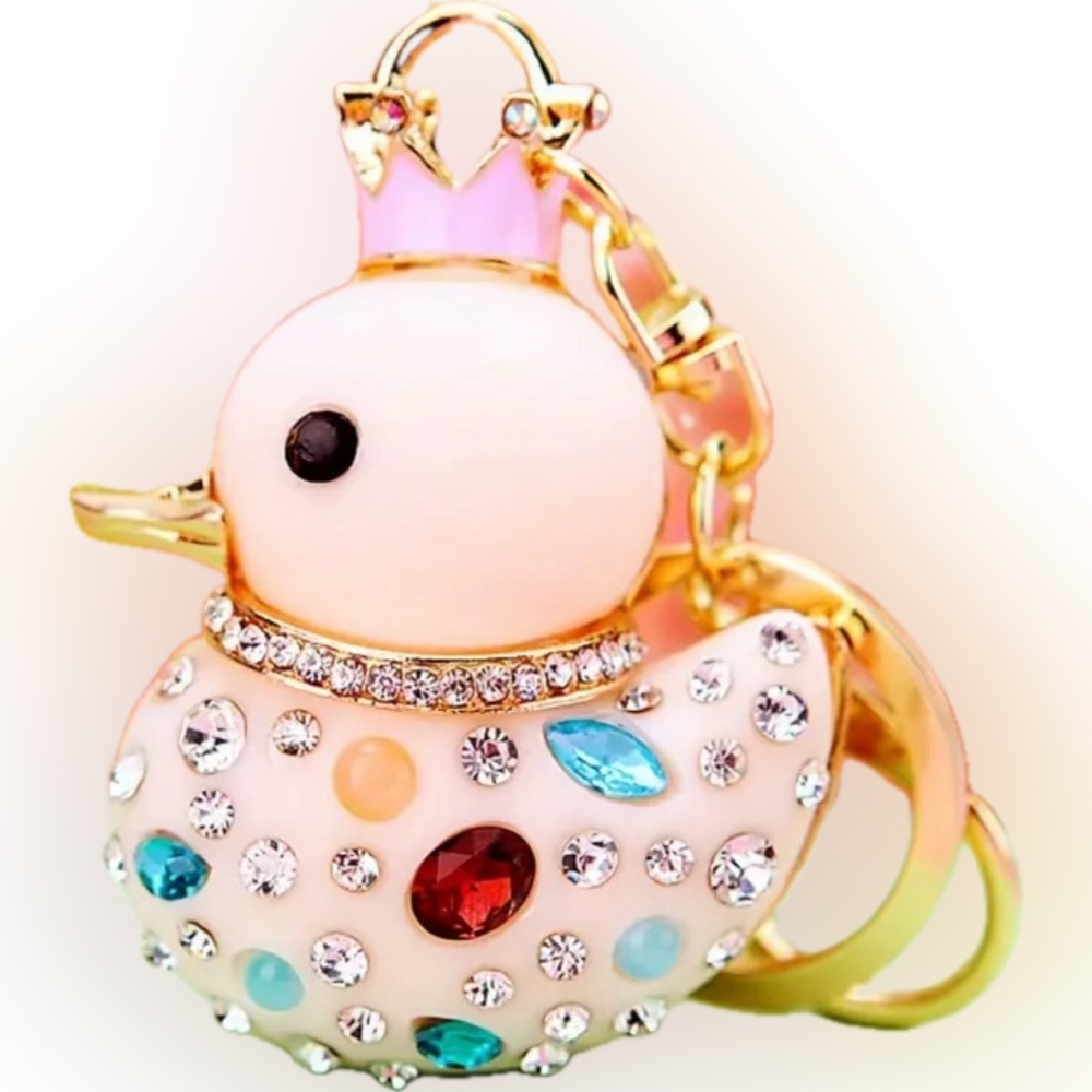 Dazzling Royal Crown Duck Rhinestone Keychain & Bag Charm White